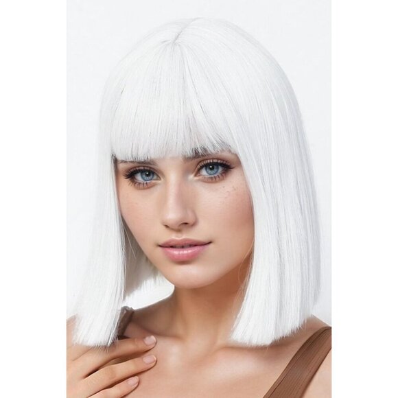 💫 Women White Short Bob Wigs Bangs Straight Natural Pretty Party Cosplay Daily - Picture 7 of 7